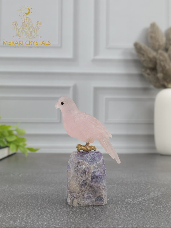 Rose Quartz Bird on Amethyst Base — The Symbol of Love, Peace & Higher Healing
